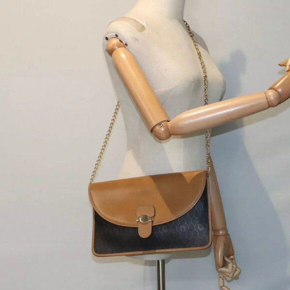 Christian Dior Chain Shoulder Bag PVC Leather Black Brown gold Auth - Picture 1 of 16